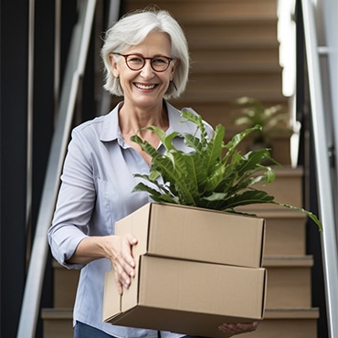 Une femme souriante tenant des cartons, illustrant le comportement positif et professionnel de nos employés.