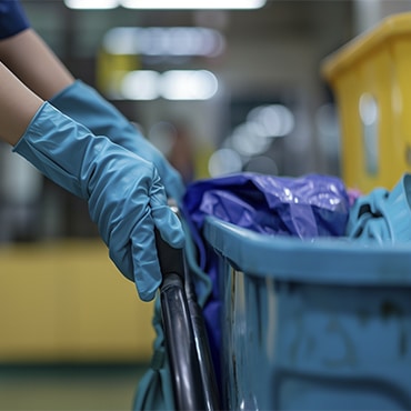 Des mains avec des gants de ménage tiennent une poubelle, prête à être vidée.
