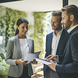 Deux hommes et une femme en tenue professionnelle discutent avec des documents, illustrant la gestion de l’accueil.