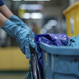 Des mains avec des gants de ménage tiennent une poubelle, prête à être vidée.