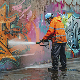 Une personne nettoie un mur pour enlever des graffitis, utilisant un matériel spécialisé.