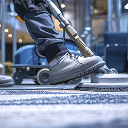 Un homme utilise une machine pour faire le shampoing d'une moquette.